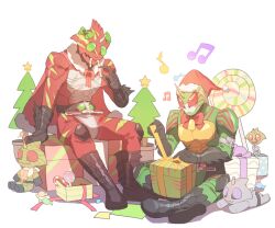 Rule 34 | 2boys, amazons driver, armor, belt, blush stickers, bow, candy, christmas, eating, food, full body, gift, green armor, green eyes, hat, horns, kamen rider, kamen rider amazon alpha, kamen rider amazon omega, kamen rider amazons, male focus, mio (jian wei), monster, multiple boys, red armor, red eyes, rider belt, santa hat, sharp teeth, single horn, sitting, teeth, unwrapping