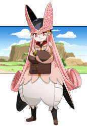 1girl bag baggy_pants cell_(dragon_ball) cell_(dragon_ball)_(cosplay) cloud cosplay crossed_arms dragon_ball dragonball_z fate/grand_order fate_(series) habetrot_(fate) hat hirai_yukio hood hoodie long_hair looking_at_viewer pants pink_eyes pink_hair pink_hat pointy_ears satchel sky smile