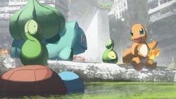 absurdres aqua_eyes asteroid_ill bad_id bad_twitter_id budew building bulbasaur charmander commentary_request day fangs fire flame-tipped_tail gen_1_pokemon gen_3_pokemon gen_4_pokemon grass highres krabby legendary_pokemon nintendo no_humans open_mouth outdoors pokemon pokemon_(creature) rayquaza ruins smile squirtle tail tongue water