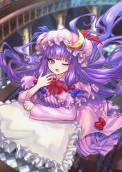 Rule 34 | 1girl, blue bow, bow, crescent, crescent hat ornament, dress, flying, frilled dress, frilled pillow, frills, hair bow, hat, hat ornament, highres, long hair, looking at viewer, mob cap, momohana 3939, one eye closed, open mouth, patchouli knowledge, pillow, pink dress, pink hat, purple eyes, purple hair, red bow, sidelocks, sleepy, solo, touhou