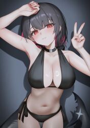 1girl absurdres alternate_costume arm_up bikini black_bikini black_choker black_hair blush breasts choker colored_inner_hair cowboy_shot ellen_joe fidgeting fins fish_tail hand_up highres large_breasts looking_at_viewer mole mole_under_eye multicolored_hair navel pink_hair red_eyes shark_girl shark_tail short_hair side-tie_bikini_bottom solo stomach swimsuit tail thomas_8000 v zenless_zone_zero