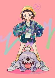 Rule 34 | 1girl, bag, black shorts, character request, check character, crossover, greavard, grey shoes, grin, hat, highres, holding, holding poke ball, jacket, kpop demon hunters, legs apart, long sleeves, musical note, nintendo, notice lines, open clothes, open jacket, pink background, poke ball, poke ball (basic), pokemon, pokemon (creature), shirt, shoes, shorts, smile, socks, spoken musical note, standing, teeth, twitter username, white shirt, yellow hat, zoey (kpop demon hunters), zzzpani