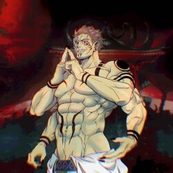 Rule 34 | 1boy, abs, bara, black nails, commentary, english commentary, evil grin, evil smile, extra arms, extra eyes, fingernails, grin, highres, jujutsu kaisen, large pectorals, long fingernails, male focus, muscular, muscular male, navel, pectorals, pink hair, red eyes, rocckart, ryoumen sukuna (jujutsu kaisen), ryoumen sukuna (true form) (jujutsu kaisen), smile, solo, tattoo, topless male, veins, veiny arms