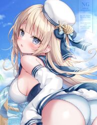 Rule 34 | 1girl, ass, bare shoulders, blonde hair, blue panties, blue sailor collar, blush, bow, breasts, detached sleeves, dress, grey eyes, hair bow, hair ornament, hat, large breasts, long hair, long sleeves, looking at viewer, melon girls, mitsuba choco, open mouth, outdoors, panties, ribbon, sailor collar, sailor hat, sideboob, skirt, solo, underwear, very long hair