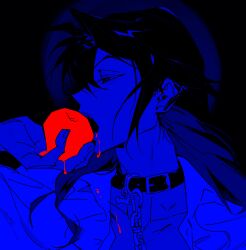Rule 34 | 1boy, absurdres, ambiguous red liquid, animal collar, apple, bishounen, black background, black hair, blue theme, bone necklace, chain, collar, earrings, food, from side, fruit, highres, holding, holding food, holding fruit, jewelry, long hair, male focus, open clothes, open shirt, original, out of frame, shigure (unininaritai), simple background, snake earrings, solo focus