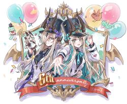 2girls :d anniversary arknights arm_up balloon black_bow black_hat black_shirt blue_bow bow breasts brown_hair character_doll commentary grey_eyes hair_over_one_eye hand_on_headwear hat hat_bow highres horns jacket long_hair long_sleeves multiple_girls necrass_(arknights) open_mouth ppxdq purple_bow reed_(arknights) shako_cap shirt small_breasts smile symbol-only_commentary twitter_username very_long_hair white_background white_jacket