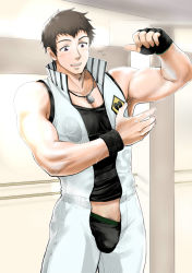 10s 1boy armpit_hair armpits brown_hair bulge gloves idolmaster idolmaster_(classic) idolmaster_2 idolmaster_side-m male_focus munimuni muscular muscular_male shingen_seiji sleeveless smile solo sweat tagme underwear