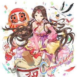 1girl breasts brown_eyes brown_hair cleavage confetti daruma_doll detached_sleeves dress frilled_dress frills holding ice_(ice_aptx) kine koi kushinada_(uchi_no_hime-sama) large_breasts long_hair mallet maneki-neko multicolored_eyes off-shoulder_dress off_shoulder pink_dress pink_sleeves sake_barrel uchi_no_hime-sama_ga_ichiban_kawaii very_long_hair wide_sleeves yellow_eyes