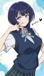 1girl asaka_karin blue_eyes blue_hair blue_shirt blue_skirt blue_vest blunt_bangs breasts circle commentary_request green_ribbon heart highres large_breasts love_live! love_live!_nijigasaki_high_school_idol_club medium_hair neck_ribbon nijigasaki_school_uniform plaid_clothes plaid_skirt ribbon school_uniform shirt skirt smile solo summer_uniform translation_request triangle vest white_background zaofeng