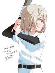 Rule 34 | 1girl, baseball bat, blonde hair, blush, brown eyes, closed mouth, commentary request, commission, dated, from side, haru (konomi 150), high school fleet, holding, holding baseball bat, layered sleeves, long sleeves, looking to the side, shirt, short hair, short over long sleeves, short sleeves, signature, simple background, skeb commission, solo, tateishi shima, upper body, white background, white shirt