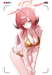 1girl absurdres ahoge alternate_costume aru_(blue_archive) battery_indicator bikini blue_archive blush breasts cleavage closed_mouth commentary_request demon_girl demon_horns fake_screenshot gold_bikini halo highres horns inori_mai large_breasts leaning_forward long_hair looking_at_viewer o-ring o-ring_bottom o-ring_top orange_eyes orange_halo pink_hair recording simple_background solo sweat swimsuit thighs viewfinder white_background