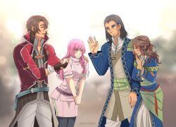 2boys 2girls black_hair blue_eyes braid brown_hair closed_eyes coat commentary commission curtained_hair eiyuu_densetsu english_commentary fingerless_gloves gaius_worzel glove_cutout gloves hair_between_eyes half_updo high_collar highres jewelry linde_(eiyuu_densetsu) long_hair manu-chann multiple_boys multiple_girls nurse pendant second-party_source sen_no_kiseki sen_no_kiseki_(series) sen_no_kiseki_iii side_braid single_braid smile wavy_hair yellow_eyes