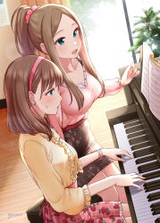 2girls absurdres blue_eyes blurry blush breasts brown_hair brown_skirt calendar_(object) chair chiyosuke_(nosuke21) cleavage collarbone curtains day depth_of_field earrings floral_print floral_print_skirt frilled_shirt frilled_skirt frills from_side green_eyes hair_ornament hair_scrunchie hairband highres idolmaster idolmaster_cinderella_girls idolmaster_cinderella_girls_starlight_stage indoors instrument jewelry large_breasts lens_flare long_hair long_sleeves looking_at_another matsuyama_kumiko medium_breasts multiple_girls music on_chair open_mouth pencil_skirt piano pink_ribbon pink_shirt pink_skirt plant playing_instrument playing_piano ponytail potted_plant print_skirt red_hairband red_scrunchie ribbon sakuma_mayu scrunchie sheet_music shirt short_hair sidelocks sitting skirt smile sparkle sweatdrop tree twitter_username window wooden_floor wrist_ribbon yellow_shirt