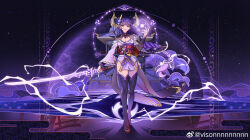 Rule 34 | 1girl, absurdres, architecture, armor, asymmetrical sleeves, blunt bangs, braid, breasts, bridal gauntlets, chinese commentary, cleavage, clothing cutout, collarbone, east asian architecture, electricity, fan hair ornament, flower, full body, genshin impact, glowing, glowing sword, glowing weapon, hair flowing over, hair ornament, hair ribbon, hand up, head tilt, highres, holding, holding sword, holding weapon, japanese clothes, katana, kimono, large breasts, long braid, long hair, looking at viewer, low-braided long hair, low-tied long hair, mitsudomoe (shape), mole, mole under eye, multicolored hair, musou isshin (genshin impact), neck ribbon, off shoulder, parted lips, purple background, purple eyes, purple flower, purple hair, purple kimono, purple thighhighs, raiden shogun, red ribbon, red sash, ribbon, sash, shoulder armor, shoulder cutout, single braid, solo, standing, streaked hair, sword, thick thighs, thighhighs, thighs, tomoe (symbol), uneven sleeves, vinsonfeng, watermark, weapon, weibo username, weibo watermark, wide sleeves