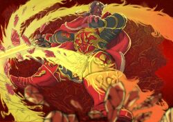 Rule 34 | 1boy, armor, armored boots, bara, boots, breastplate, broken horn, colored sclera, colored skin, fire, flaming sword, flaming weapon, full body, gauntlets, holding, holding sword, holding weapon, horns, knight, large hands, long sideburns, looking to the side, male focus, mario (mariwoaa), mature male, monster boy, muscular, muscular male, ogre, oni horns, orgus (f-kare), pauldrons, red skin, red theme, scar, scar on face, scar on nose, short hair, shoukan yuusha to f-kei kareshi, shoulder armor, sideburns, solo, sword, thick eyebrows, tusks, weapon, yellow sclera