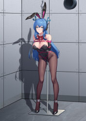 1girl absurdres animal_ears arms_behind_back blue_eyes blue_hair bow bowtie breast_bondage breasts cleavage clenched_teeth cuffs detached_collar fake_animal_ears high_heels highres large_breasts leotard long_hair looking_at_viewer object_insertion one_bar_prison original playboy_bunny rabbit_ears red_bow red_bowtie restrained shackles shibari shibari_over_clothes solo standing super_hellrat teeth vaginal vaginal_object_insertion very_long_hair