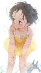 1girl 2others black_hair blush dress feet_out_of_frame flat_chest gomennasai hands_on_own_knees highres holding holding_sack kusakabe_satsuki looking_afar multiple_others sack see-through_silhouette short_hair sleeveless sleeveless_dress steam susuwatari sweatdrop tonari_no_totoro totoro yellow_dress