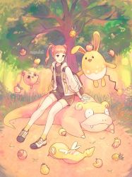 1girl alternate_hair_color alternate_hairstyle artist_name azumarill backpack bag berry_(pokemon) blunt_bangs creatures_(company) day dunsparce galarian_form galarian_slowpoke game_freak gen_2_pokemon gen_8_pokemon gloria_(pokemon) gloves hood hoodie igglybuff looking_to_the_side miyaulait nintendo open_clothes open_hoodie outdoors parted_lips pigeon-toed pokemon pokemon_(creature) pokemon_swsh shoes sitting smile thighhighs tree twintails watermark white_thighhighs
