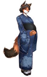 1girl absurdres animal_ears animal_nose big_belly black_hair brown_eyes commission fox_ears fox_girl fox_tail full_body furry furry_female hair_bun hands_on_own_stomach highres japanese_clothes kimono original platform_sandals pregnant sandals simple_background single_hair_bun smile socks solo tach8 tail white_background white_socks