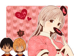 ! !? 16_ban 2013 2boys ? aged_down black_hair blonde_hair bob_cut child dated frown grey_hair hair_behind_ear hair_ornament heart heart_background hunter_x_hunter index_finger_raised kurapika long_hair looking_at_another looking_at_viewer mouth_hold multiple_boys nail_polish outline outside_border pairo puffy_short_sleeves puffy_sleeves red_nails sheila_(hunter_x_hunter) short_hair short_sleeves smile solo_focus spoken_exclamation_mark spoken_question_mark unworn_hair_ornament valentine white_outline