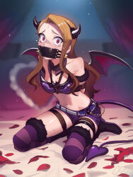 1girl arms_behind_back bare_shoulders bat_ornament belt black_boots blurry blurry_background blush boots bound bound_arms bound_legs brown_hair cad_(caddo) constricted_pupils demon_horns demon_tail demon_wings detached_collar full_body gag highres horns idolmaster idolmaster_(classic) indoors long_hair looking_at_viewer midriff minase_iori navel petals purple_shorts purple_thighhighs red_eyes rope rose_petals scared shorts sitting solo striped_clothes striped_thighhighs tail tearing_up thighhighs white_belt wings