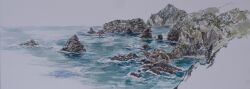 absurdres beach cloud cloudy_sky day highres hill horizon island mountainous_horizon no_humans ocean original painting_(medium) scenery shore sky tanamachi_yoshihiro traditional_media water watercolor_(medium) waves white_background