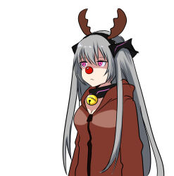 1girl animal_ears antennae beak_(girls&#039;_frontline) bell black_choker black_hairband breasts brown_hoodie choker christmas closed_mouth commentary english_commentary eyeshadow fake_animal_ears girls&#039;_frontline grey_hair hairband highres hood hoodie long_hair makeup neck_bell purple_eyes reizo_ne sangvis_ferri simple_background solo twintails upper_body very_long_hair white_background