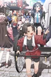 6+girls absurdres animal_ears aris_(blue_archive) bike_shorts black_hair black_hairband black_jacket black_pantyhose black_sailor_collar black_shorts black_skirt blue_archive blue_eyes blue_kimono blue_neckerchief blue_necktie blue_sky bow brown_eyes brown_hair building character_request check_character cherry_blossoms cloud collared_shirt colored_eyelashes commentary_request day hair_between_eyes hair_bow hairband halo highres jacket japanese_clothes kikyou_(blue_archive) kimono long_hair long_sleeves maid maid_headdress multiple_girls nagusa_(blue_archive) neckerchief necktie one_side_up open_clothes open_jacket outdoors pantyhose parted_bangs pencil_skirt pina_(blue_archive) pina_(guide)_(blue_archive) pleated_skirt pointing ponytail puffy_long_sleeves puffy_sleeves red_sailor_collar renge_(blue_archive) rickshaw rickshaw_puller sailor_collar school_uniform serafuku shirt shizuko_(blue_archive) shorts shuro_(blue_archive) sitting skirt sky translation_request two_side_up umika_(blue_archive) v-shaped_eyebrows very_long_hair wa_maid white_bow white_jacket white_shirt yukari_(blue_archive) yukie_(kusaka_shi)