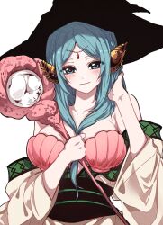 1girl bikini blue_eyes blue_hair blush breasts cleavage hat head_chain highres holding holding_staff j_af_ar jewelry large_breasts long_hair looking_at_viewer magi_the_labyrinth_of_magic robe sash shell shell_bikini shell_hair_ornament simple_background smile solo staff swimsuit upper_body white_background witch_hat yamuraiha