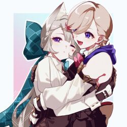 Rule 34 | 1boy, 1girl, animal ear fluff, animal ears, aqua bow, aqua hair, black gloves, blonde hair, blunt bangs, blush, bow, bowtie, braid, brother and sister, cat ears, checkered bow, checkered clothes, closed mouth, detached sleeves, eyelashes, facial mark, genshin impact, gloves, grey hair, hair between eyes, hair bow, half up half down braid, hand on another&#039;s back, hand on another&#039;s waist, hands on another&#039;s back, heads together, highres, hug, large bow, long hair, long sleeves, looking at another, looking at viewer, low ponytail, lower teeth only, lynette (genshin impact), lyney (genshin impact), multicolored hair, nekorin chu, one eye closed, open mouth, pink bow, pink bowtie, ponytail, puffy sleeves, purple eyes, siblings, star (symbol), star facial mark, streaked hair, swept bangs, teardrop facial mark, teeth, tongue, twins, watermark, white sleeves