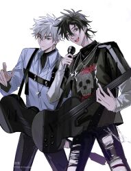 2boys :d artist_name belt black_belt black_eyes black_hair black_pants black_shirt chain chain_necklace cheng_xiaoshi chest_harness closed_mouth collared_shirt cowboy_shot denim dog_tags electric_guitar grey_eyes guitar hair_between_eyes harness highres holding holding_guitar holding_instrument holding_microphone instrument jeans jewelry layered_sleeves light_particles long_sleeves looking_at_viewer lu_guang male_focus microphone multiple_boys music necklace official_alternate_costume open_mouth pants playing_guitar playing_instrument ponytail print_shirt shannontay67979 shiguang_dailiren shirt short_hair short_over_long_sleeves short_ponytail short_sleeves simple_background singing skull_print smile sparkle standing torn_clothes torn_pants white_background white_hair white_shirt