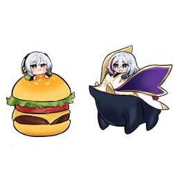 2girls :i anby_demara blue_eyes burger daily/topaz_doodles food grey_hair hair_ornament highres honkai:_star_rail honkai_(series) long_sleeves looking_at_another mihoyo mini_person minigirl multiple_girls numby_(honkai:_star_rail) open_mouth sam_slade short_hair simple_background topaz_(honkai:_star_rail) trotter_(honkai:_star_rail) voice_actor_connection white_background zenless_zone_zero