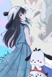 1girl black_eyes black_hair blue_dress crossover d4u4a-vvvats dress hands_up hat highres light_blush long_hair looking_back pochacco sanrio sawaragi_shiho smile tomodachi_game very_long_hair white_hat
