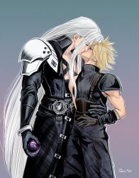 2boys armor black_materia blonde_hair closed_eyes cloud_strife commentary develvdeva earrings english_commentary final_fantasy final_fantasy_vii final_fantasy_vii_rebirth final_fantasy_vii_remake grey_hair hand_on_another&#039;s_waist holding jewelry kiss long_hair male_focus multiple_boys pauldrons sephiroth short_hair shoulder_armor single_earring spiked_hair standing yaoi