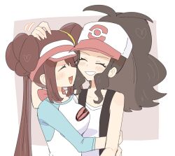 2girls baseball_cap black_vest blush breasts brown_hair closed_eyes donut_hair_bun double_bun hair_bun han0579 hat high_ponytail highres hilda_(pokemon) hug large_breasts long_hair multiple_girls nintendo open_clothes open_mouth open_vest poke_ball_print pokemon pokemon_bw pokemon_bw2 ponytail raglan_sleeves rosa_(pokemon) shirt sidelocks simple_background smile twintails upper_body vest visor_cap white_shirt yuri