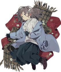 1girl black_gloves black_skirt blue_coat blue_eyes boots brown_boots brown_hair coat daisy_(flower) earrings female_focus flower gloves highres jewelry looking_away lying original peacoat scarf shio_(s_alt_shio) skirt solo sweater white_sweater