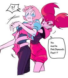 2girls absurdres black_pants blue_eyes blue_jacket blush colored_skin commentary_request elasticity gloves highres hug jacket korean_commentary korean_text makeup multiple_girls pants pearl_(steven_universe) pink_eyes pink_gloves pink_hair pink_shorts pink_skin puffy_short_sleeves puffy_sleeves ringed_eyes runny_makeup short_hair short_sleeves shorts smile spinel_(steven_universe) steven_universe stretched_limb tthhdddd twintails yuri