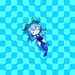 1girl black_one-piece_swimsuit blue_hair closed_eyes dragon_girl dragon_horns dragon_tail duel_monster full_body highres horns laundry_dragonmaid one-piece_swimsuit optical_illusion partially_submerged primrose_field_illusion solo swimsuit tail ttakji_craft yu-gi-oh!