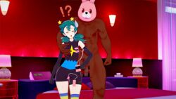 !? 1boy 1girl 3d aged_down bare_shoulders clothed_female_nude_male confused gen_4_pokemon gloves grabbing_another&#039;s_breast green_hair groping height_difference jenny_(pokemon) koikatsu long_glove marble_(pokemon) mask mask_on_head motel_room nintendo nude official_alternate_costume orange_eyes pokemon pokemon_(anime) pokemon_dp059 pokemon_dppt_(anime) presenting sex_toy skin_tight spandex star_(symbol) sweatdrop