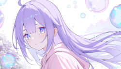 1girl absurdres azur_lane commentary from_side highres hood hoodie looking_at_viewer parted_lips pink_hoodie purple_eyes purple_hair solo unicorn_(azur_lane) upper_body zuu_(qq770463651)