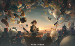1girl absurdres animal antique_phone balloon beret black_hair black_skirt blue_sky book cat character_request chinese_commentary chunriqingqaq commentary_request confetti cowboy_shot envelope expressionless floating_hair gradient_sky hat highres hill holding holding_phone kite long_sleeves looking_at_viewer official_art onmyoji orange_sky outdoors parted_lips phone shirt short_hair skirt sky skyline solo standing sun sunset turtleneck turtleneck_shirt v-neck vest watermark wax_seal weibo_watermark white_cat white_hat white_vest wind wind_chime