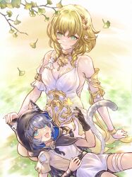 2girls absurdres afezeria aglaea_(honkai:_star_rail) animal_ears animal_hood bandaged_leg bandages blonde_hair blue_eyes breast_tattoo breasts cat_ears cat_girl cat_hood cat_tail cipher_(honkai:_star_rail) cipher_(in_pursuit_of_the_wind)_(honkai:_star_rail) cleavage commentary dress falling_leaves gold_tattoo green_eyes grey_dress grey_hair highres honkai:_star_rail honkai_(series) hood lap_pillow large_breasts laurel_crown leaf multiple_girls official_alternate_costume open_mouth smile symbol-only_commentary tail tattoo