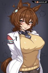 Rule 34 | 1girl, agnes tachyon (umamusume), animal ears, arms behind back, artist name, black pantyhose, blannis, blue shirt, blush, breasts, brown hair, closed mouth, coat, covered erect nipples, cowboy shot, empty eyes, eyebrows hidden by hair, eyelashes, female focus, horse ears, horse girl, horse tail, huge breasts, lips, long sleeves, looking at viewer, medium hair, naughty face, open clothes, open coat, pantyhose, red eyes, shirt, smile, solo, standing, sweater, tail, umamusume, white coat, yellow sweater