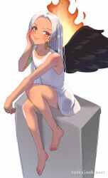 1girl angel_wings bare_arms bare_legs bare_shoulders barefoot black_wings blush closed_mouth commentary_request dark-skinned_female dark_skin dress earrings eyelashes fanbox_username feathered_wings female_focus fire flat_chest from_above full_body hamaeru highres jewelry long_hair looking_at_viewer one_piece s-snake seraphim_(one_piece) short_dress simple_background sleeveless sleeveless_dress smile snake_earrings solo twitter_username white_background white_dress white_hair wings