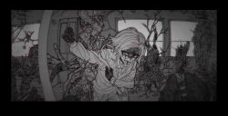 Rule 34 | 1boy, absurdres, aotsuki eito, bag, black border, border, camera pov, collared shirt, commentary, english commentary, fisheye, glasses, gloves, greyscale, highres, long sleeves, looking at object, male focus, monochrome, monster, necktie, nervous sweating, outstretched arm, pants, reaching, scared, shirt, short hair, shoulder bag, solo focus, spoilers, sweat, takumi go lucky, the hundred line -last defense academy-, train interior, window
