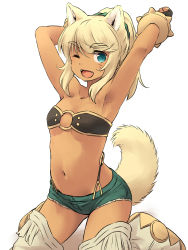 1girl ;d animal_ears aqua_eyes armpits arms_up blonde_hair breasts cutoffs dark-skinned_female dark_skin denim denim_shorts extra_ears eyebrows facial_mark fangs female_focus hair_ribbon highres kneeling liru long_hair looking_at_viewer navel o-ring o-ring_top one_eye_closed open_mouth ponytail renkin_san-kyuu_magical_pokaan ribbon short_shorts shorts small_breasts smile solo tail thighs whisker_markings white_background wolf_ears wolf_tail yudepii