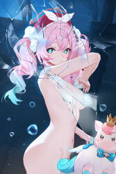 1girl absurdres air_bubble aqua_bow aqua_bowtie aqua_eyes aqua_hair beret blush bow bowtie breasts bubble closed_mouth commentary_request completely_nude convenient_censoring crack cracked_glass crown gradient_hair hair_between_eyes hat highres honkai:_star_rail honkai_(series) hyacine_(honkai:_star_rail) le_(huanglongen) little_ica_(honkai:_star_rail) long_hair looking_at_viewer medium_breasts mini_crown multicolored_hair navel nude open_mouth pink_hair red_hat twintails two-tone_hair white_wings wings