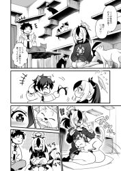 +++ +_+ 1boy 1girl animal_ears black_choker black_hair black_hoodie black_necktie blue_archive blue_archive_the_animation cat cat_ears choker closed_eyes closed_mouth collared_shirt cup demon_horns drinking_straw fake_animal_ears greyscale halo headband holding holding_cup hood hoodie horns id_card indian_style indoors kayoko_(blue_archive) lanyard monochrome multicolored_hair necktie open_mouth pillow ponytail seiza sensei_(blue_archive) sensei_(blue_archive_the_animation) shirt sitting smile table two-tone_hair uran_(uran-factory) white_hair white_shirt