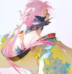 1boy absurdres black_scales black_wings bow brown_eyes character_request check_character chinese_commentary chixin_ruzhou colored_eyelashes commentary_request commission final_fantasy final_fantasy_xiv floating_hair floral_print grey_background hair_bow hair_tie head_wings highres japanese_clothes kimono long_hair long_sleeves looking_ahead low_ponytail male_focus pink_hair ponytail shadow simple_background solo upper_body very_long_hair warrior_of_light_(ff14) watermark weibo_watermark wide_sleeves wings yellow_bow yellow_kimono