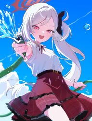 1girl belt black_belt blue_archive breasts commentary hair_ornament halo highres holding holding_hose hose long_hair looking_at_viewer monaka3200 mutsuki_(blue_archive) open_mouth red_eyes red_halo red_skirt shirt short_sleeves side_ponytail skirt small_breasts smile solo white_hair white_shirt
